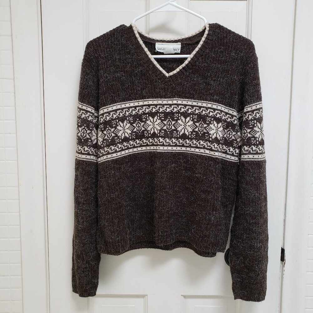Sweater Project Fair Isle Snowflake Sweater Y2K Fuzzy Knit V Neck Brown Women's